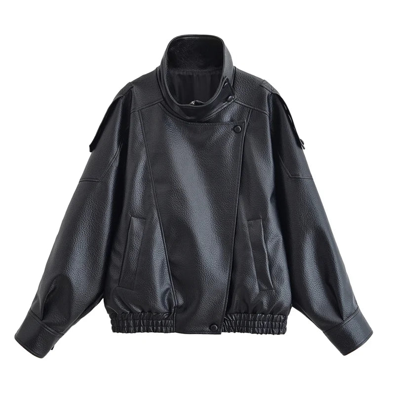 Women's Faux Leather Jacket - Zipper Front Fall Outerwear - Black