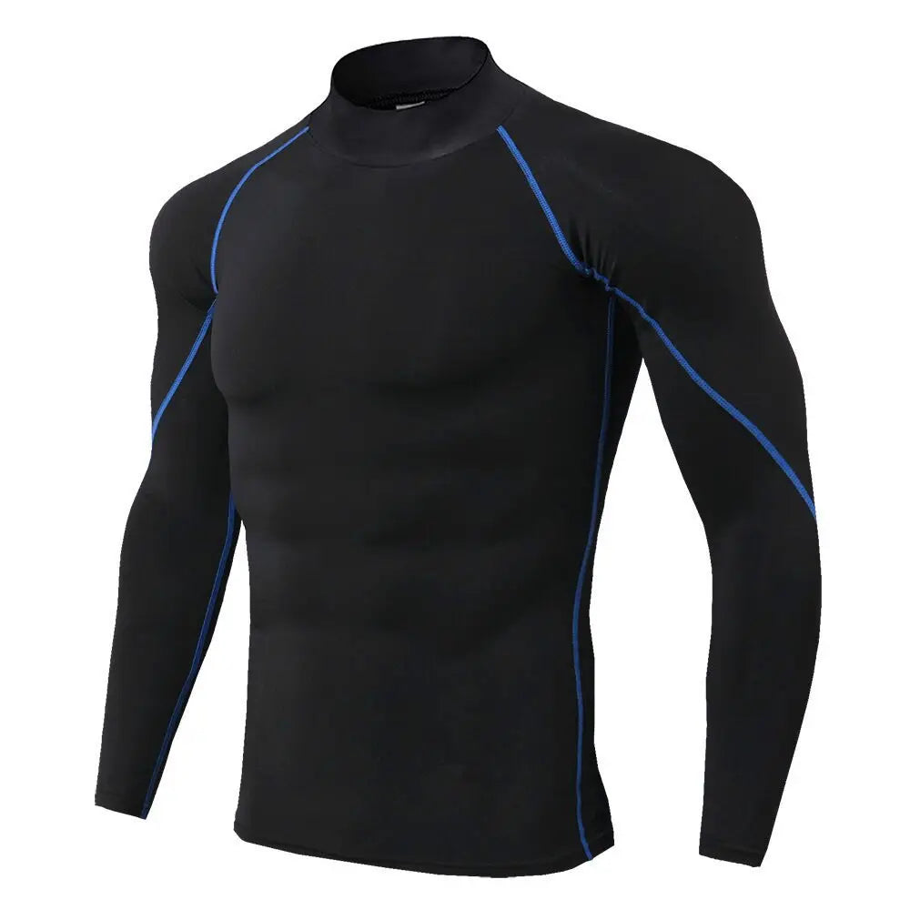 Men's Compression Workout Shirt - Long Sleeve Athletic Top - Blackblue Line
