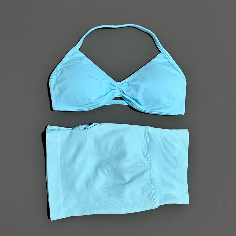 Women's Two-Piece Workout Set - Sports Bra and Shorts - Light Blue