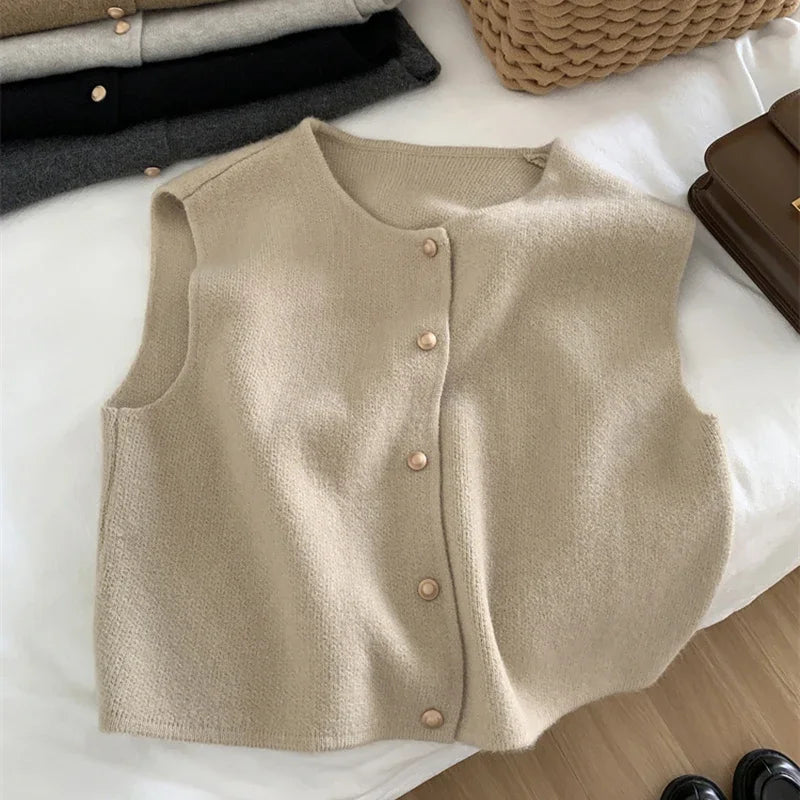 Women's Button Sweater Vest - Sleeveless Knit Cardigan Top - Apricot