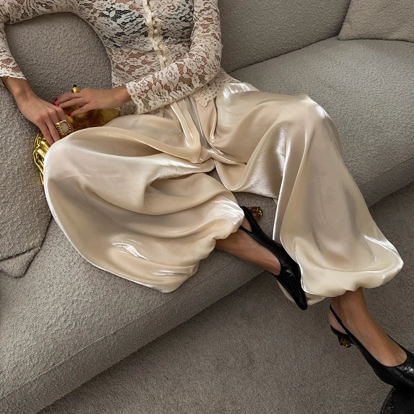 Pleated Wide-Leg Trousers - High Waist Loose Pants - Apricot
