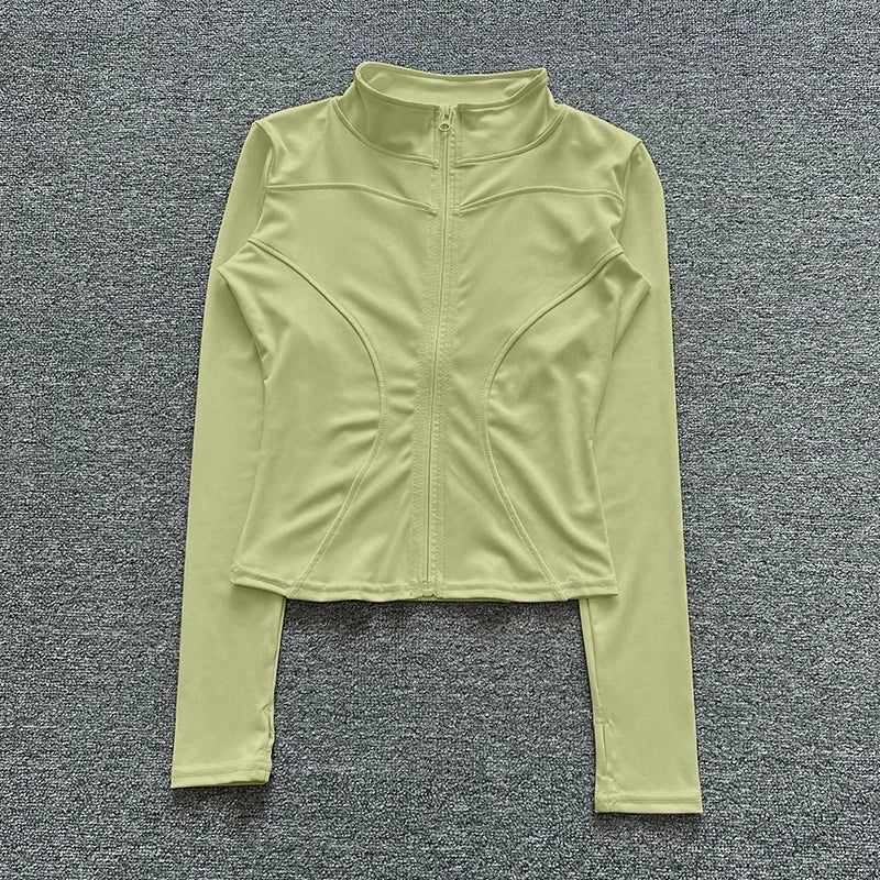 Women's Workout Jacket - Long Sleeve Zip Gym Layer - Cardamom Green