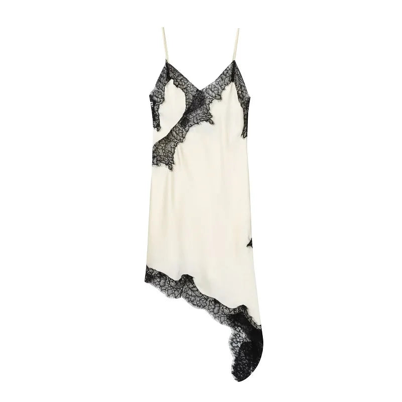 Lace Slip Dress - Backless Mini Dress With V-Neck - Beige