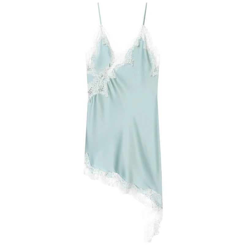 Women's Lace Asymmetric Dress - Sleeveless Slip Dress - Blue