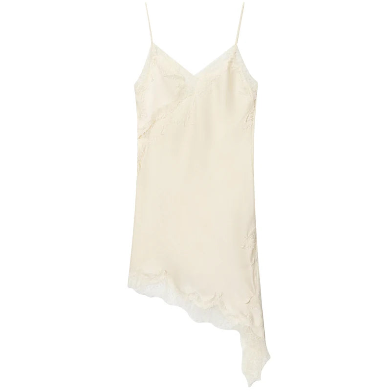 Women's Lace Asymmetric Dress - Sleeveless Slip Dress - Beige