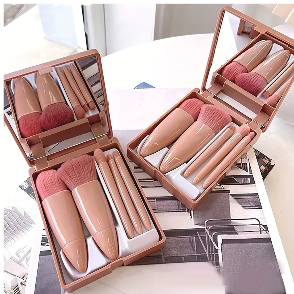 Portable Makeup Brush Set - Foldable Mirror Travel Kit