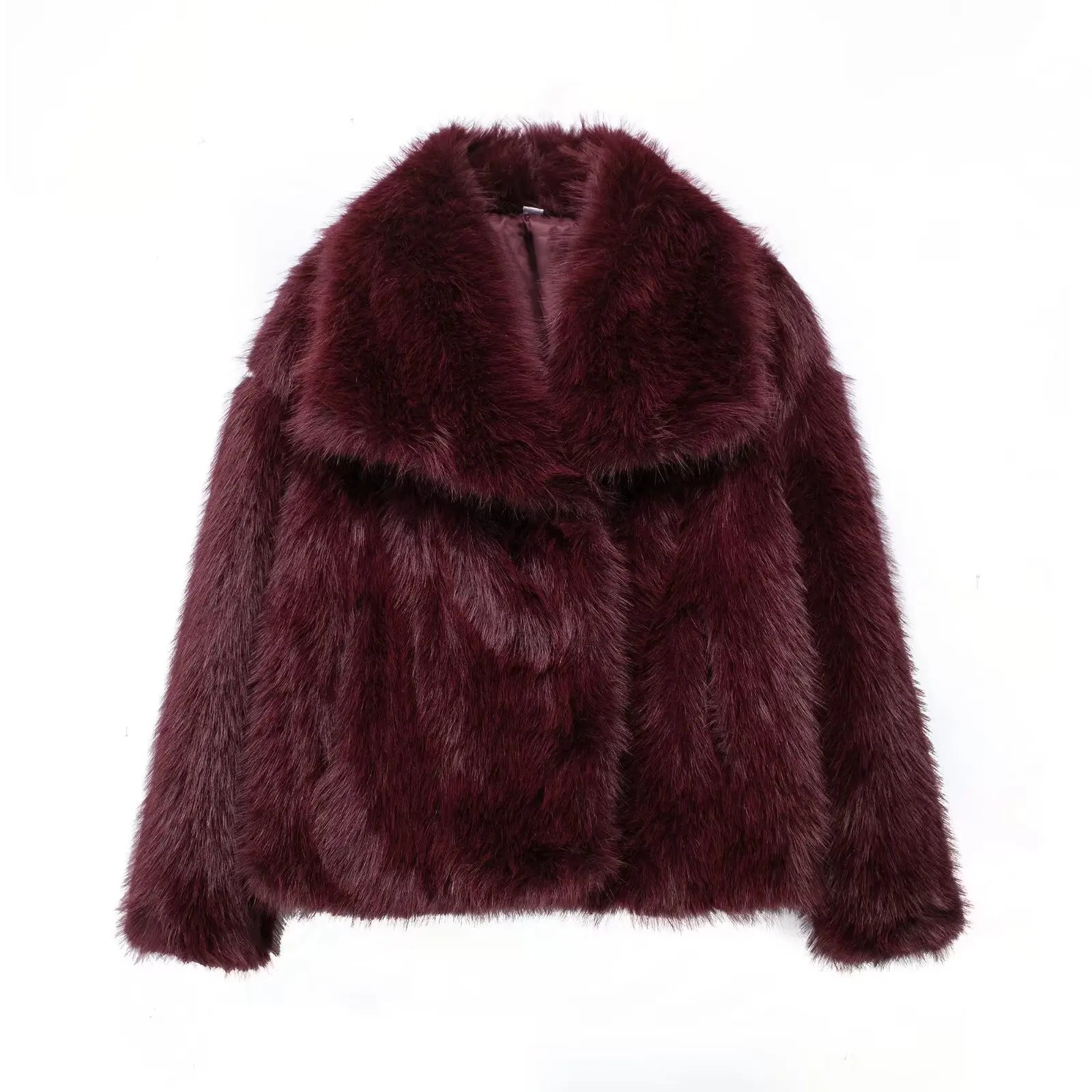 Women's Faux Fur Jacket - Cropped Snap-Front Coat - Winered