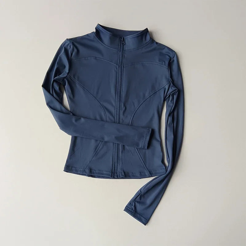 Women's Yoga Zip Jacket - Stand Collar Sports Top - Navyblue