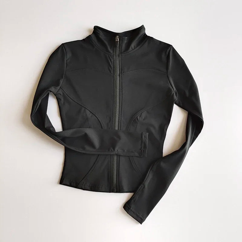 Women's Yoga Zip Jacket - Stand Collar Sports Top - Black