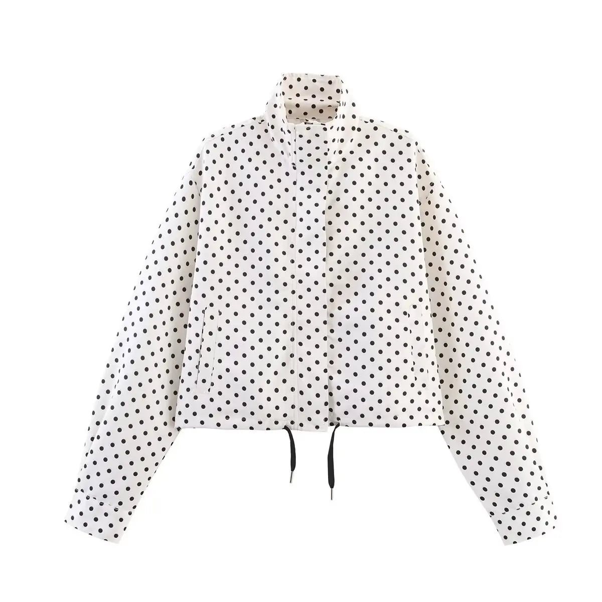 Women's Polka Dot Zip Jacket - Drawstring Casual Outerwear