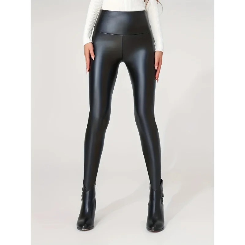 Faux Leather Leggings - High Waist Stretch Pants
