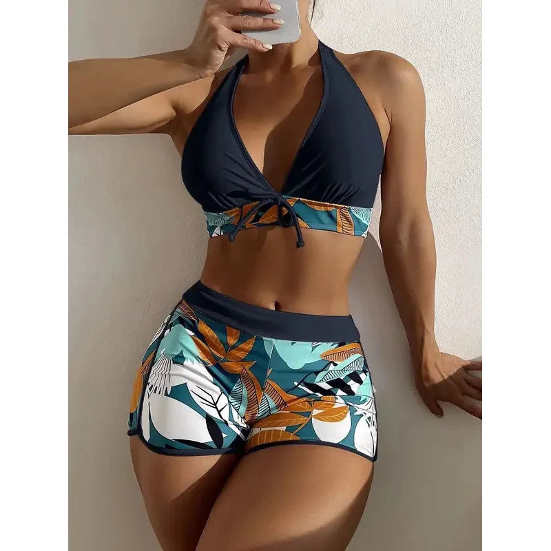 Women's Halter Bikini Set - High-Waist Printed Swimwear