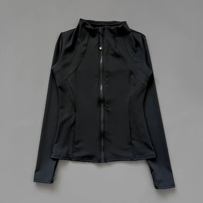 Women's Fitness Jacket - Stand Collar Zip Sports Top - Black