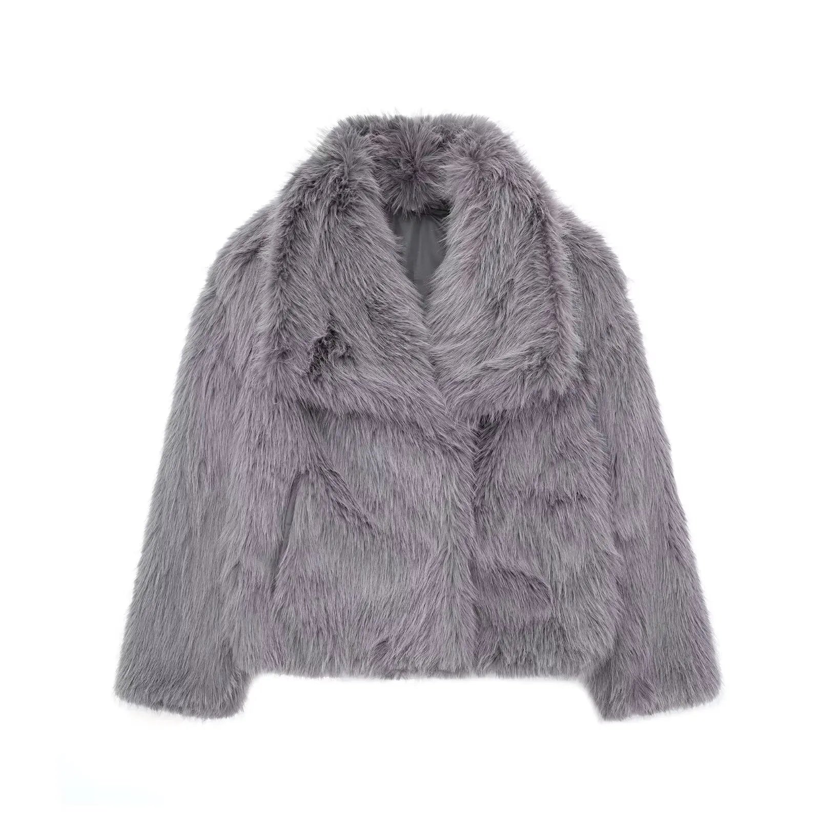 Women's Faux Fur Jacket - Cropped Snap-Front Coat - Dark Gray