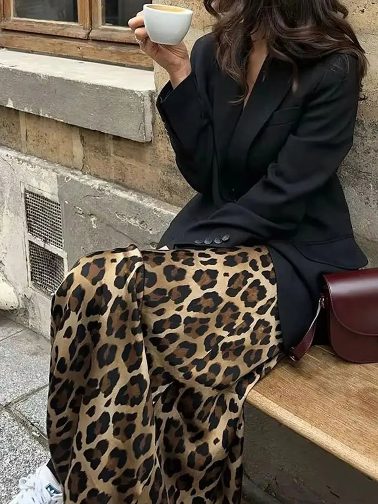 Women's Leopard Midi Skirt - High Waist A-Line Style
