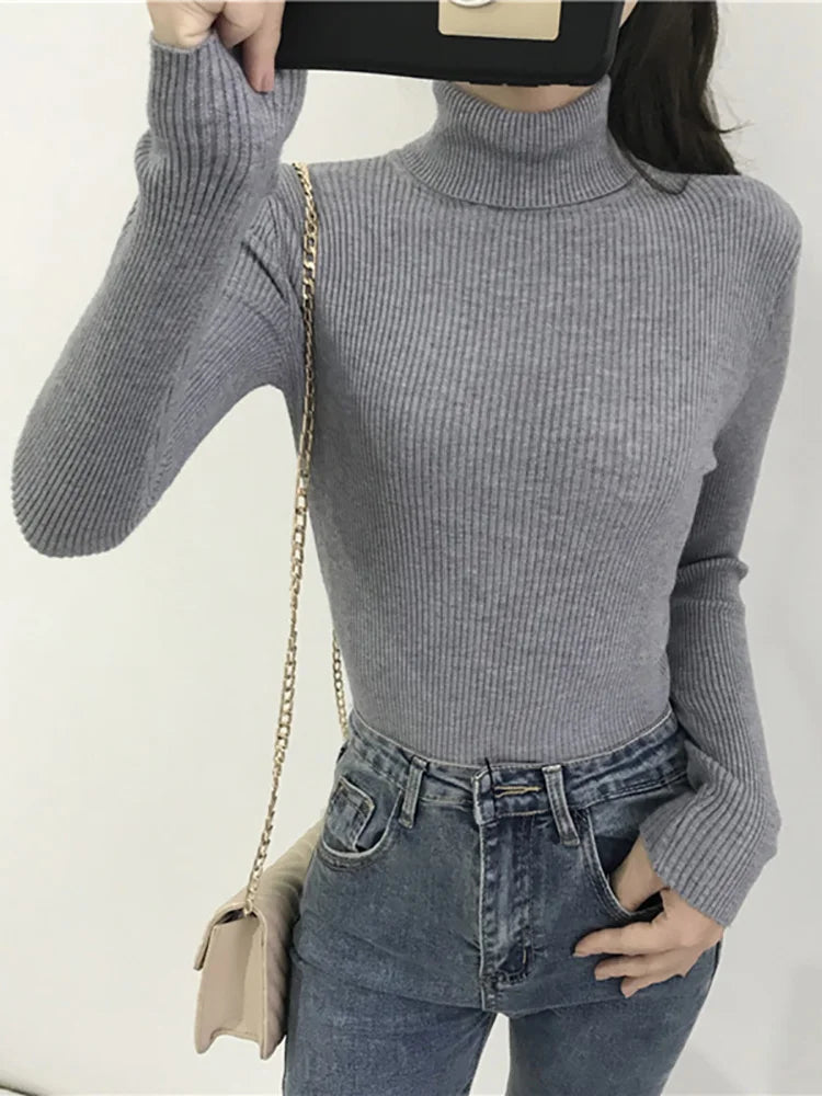 Women's Turtleneck Sweater - Long Sleeve Pullover Knit Top - Gray