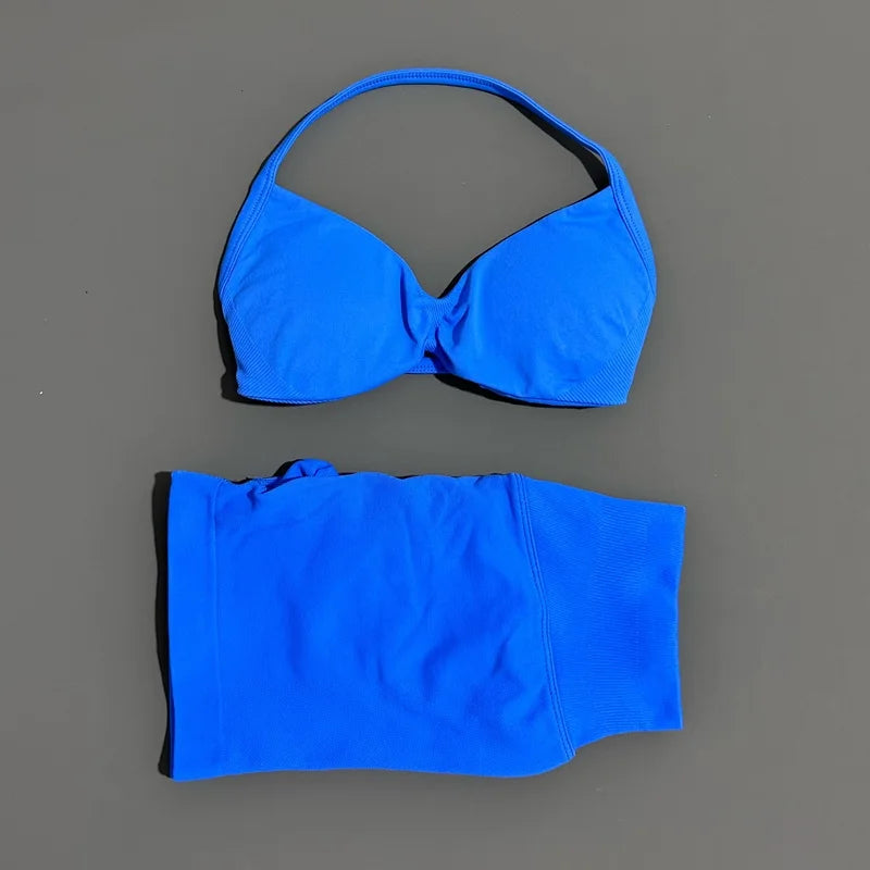Women's Two-Piece Workout Set - Sports Bra and Shorts - Electric Blue