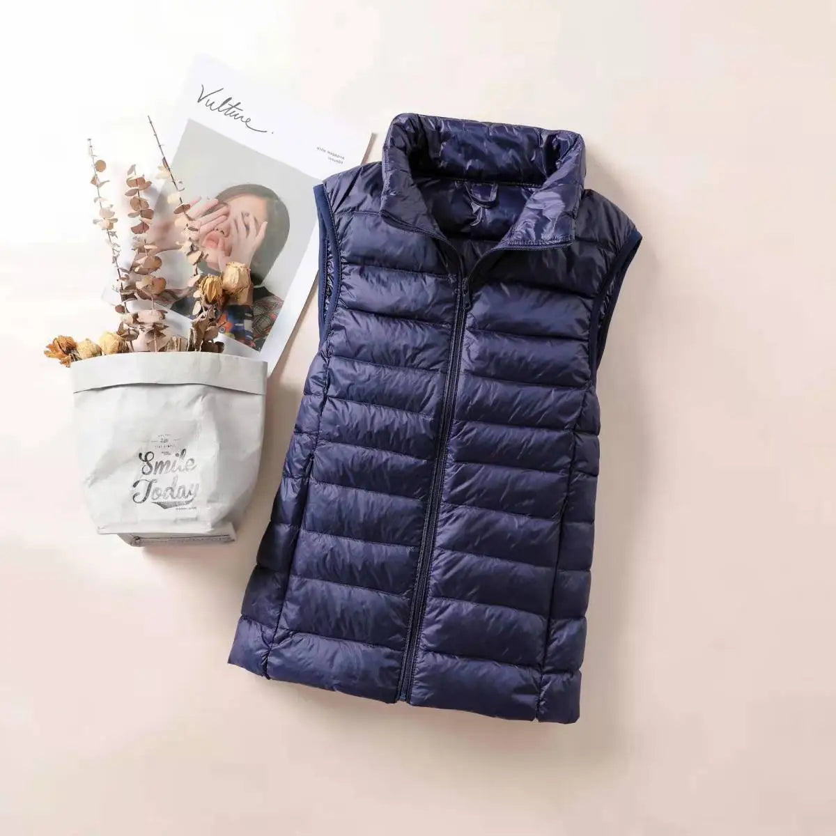 Women's Lightweight Sleeveless Vest - Zip Front Layering Jacket - Navy Blue