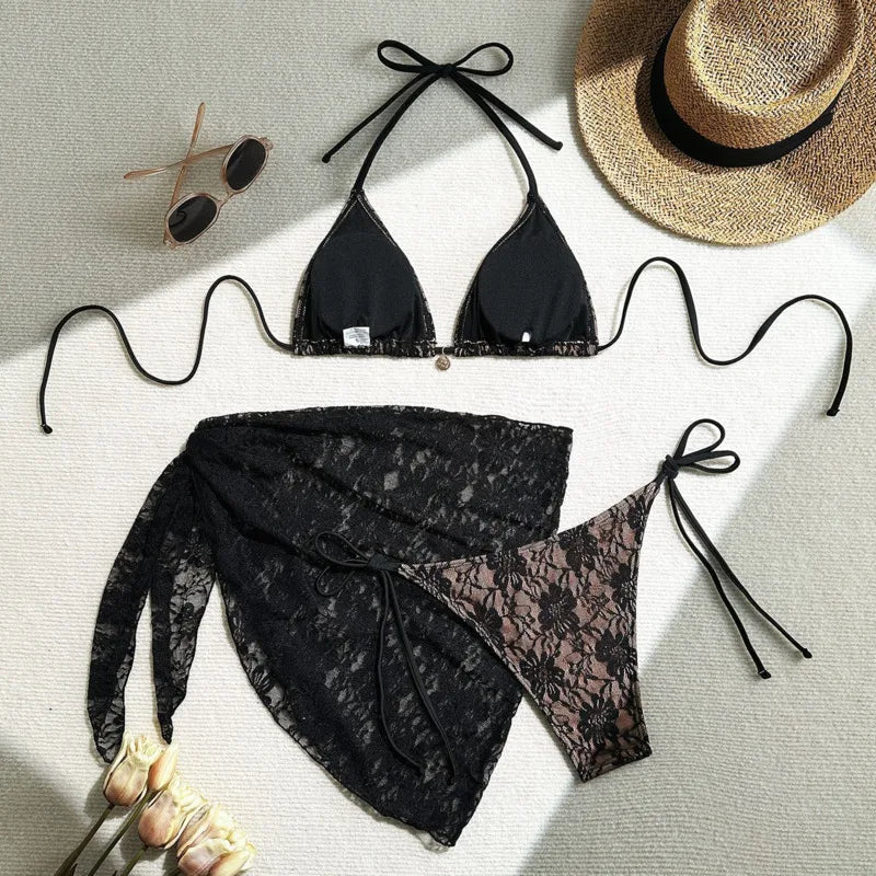 Women's Lace Three-Piece Bikini Set - Floral Swimwear