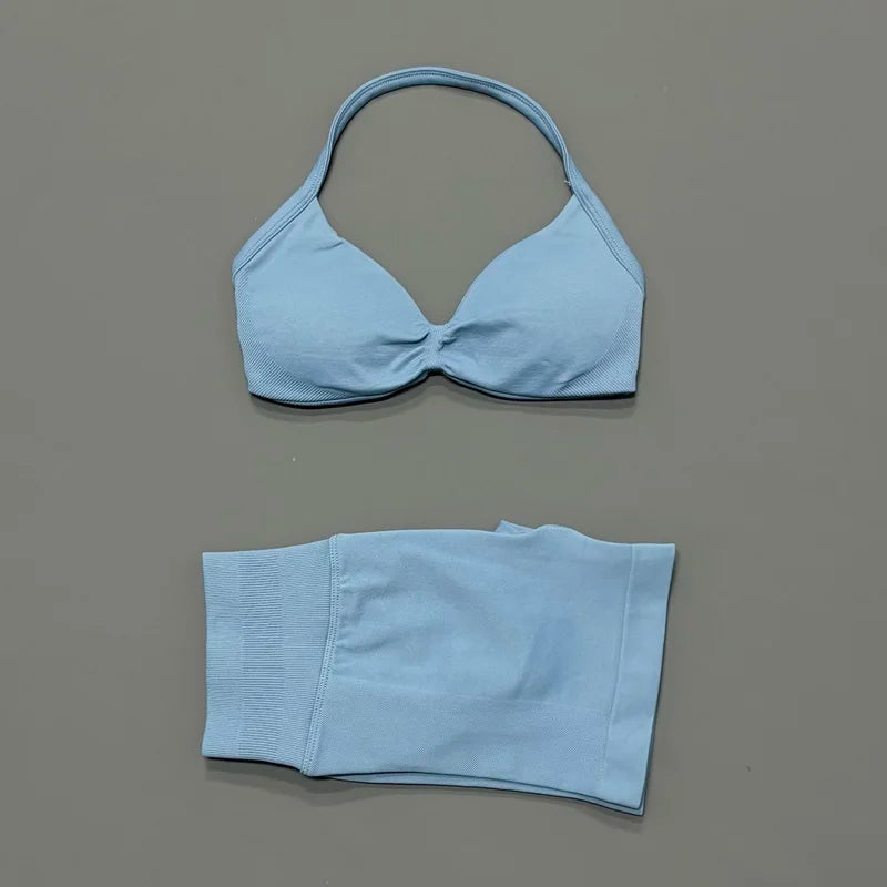 Women's Two-Piece Workout Set - Sports Bra and Shorts - Cornflower Blue