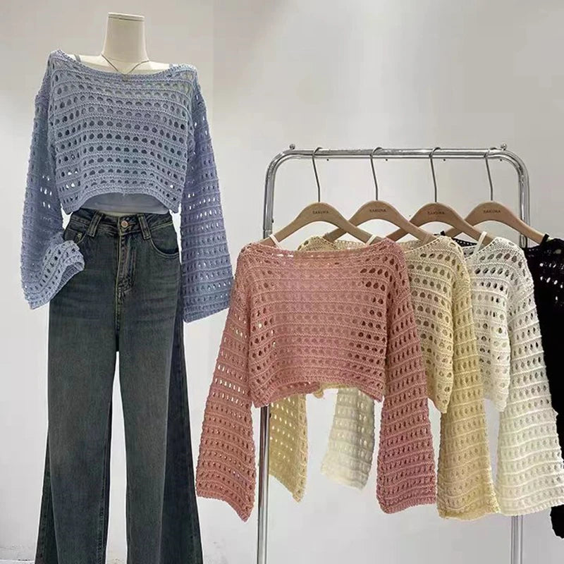 Women's Crochet Cover-Up Top - Long Sleeve Beach Pullover