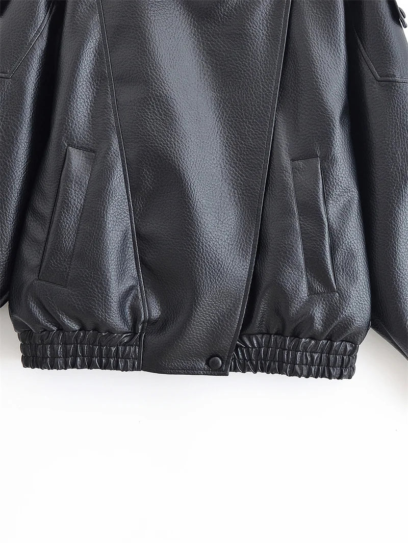 Women's Faux Leather Jacket - Zipper Front Fall Outerwear