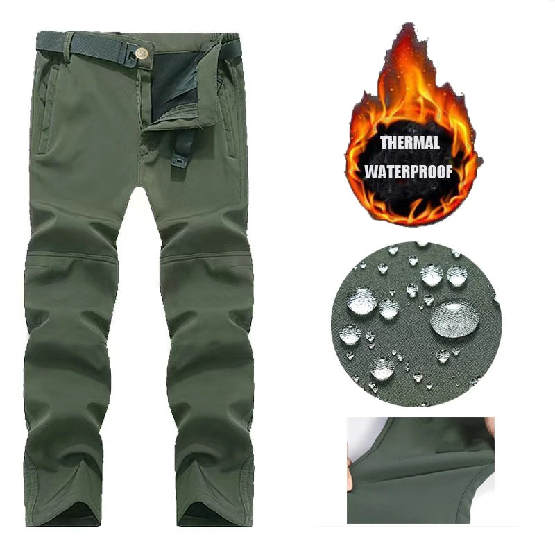 Men's Fleece Cargo Hiking Pants - Outdoor Softshell Trousers - Green X5 Pant