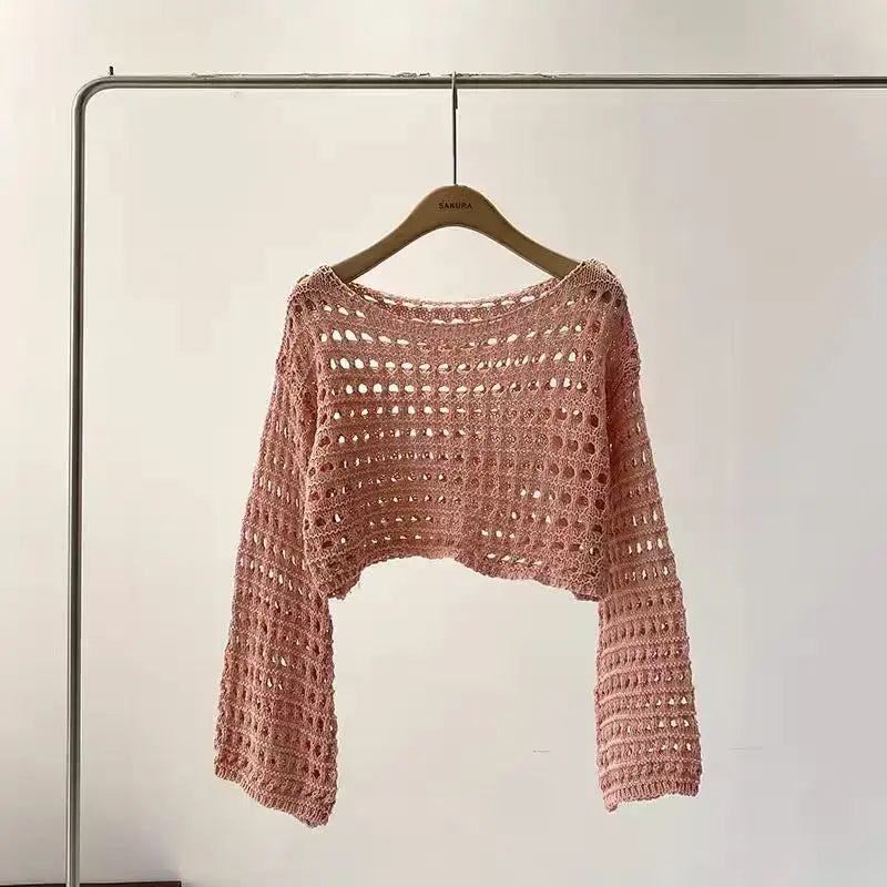 Women's Crochet Cover-Up Top - Long Sleeve Beach Pullover - Pink