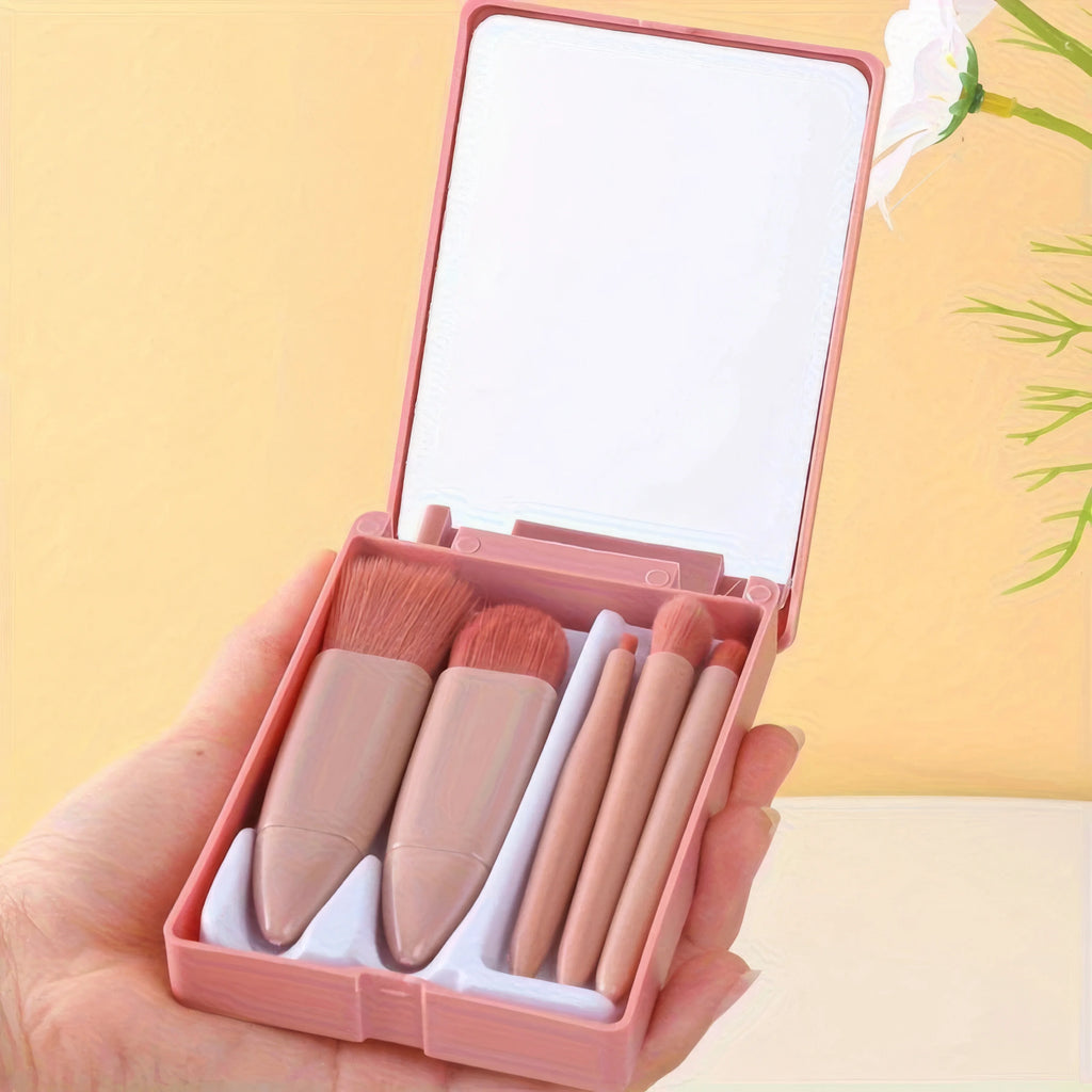 Compact Makeup Brush Kit - 5-Piece Set With Mirror
