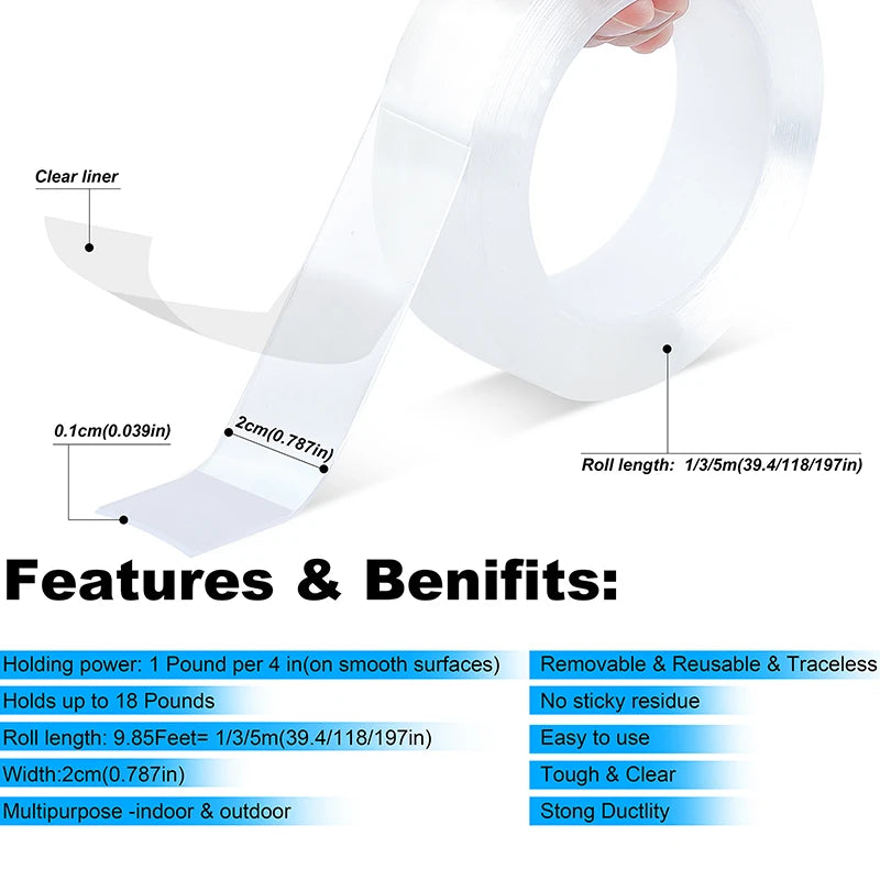 Meters Nano Tape Double Sided - For Kitchen Storage and Prep