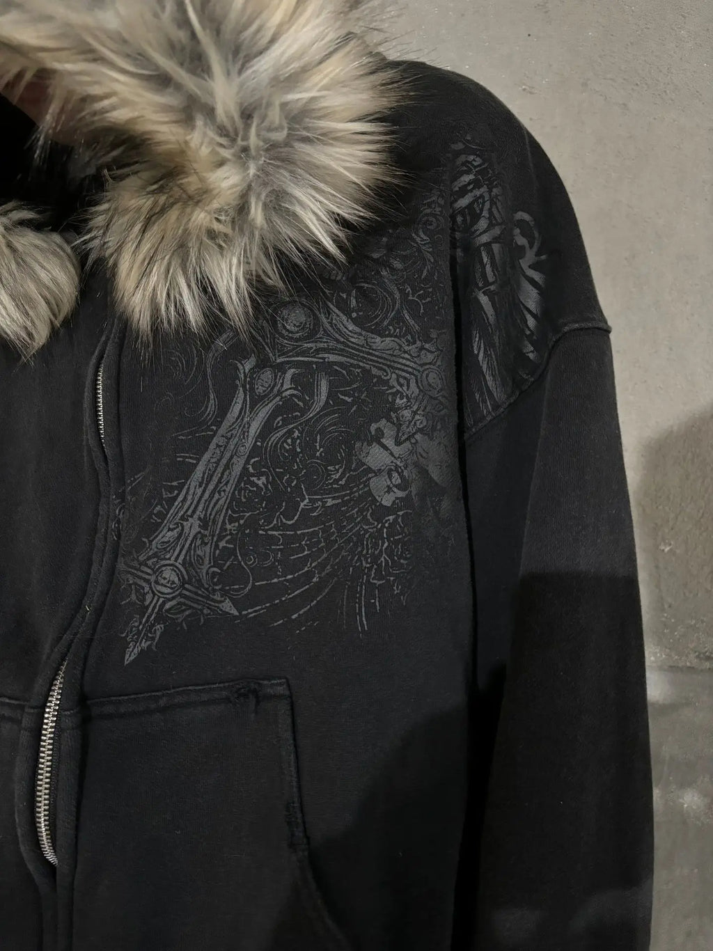 Women's Faux Fur Collar Hoodie - Graphic Zip-Up Jacket