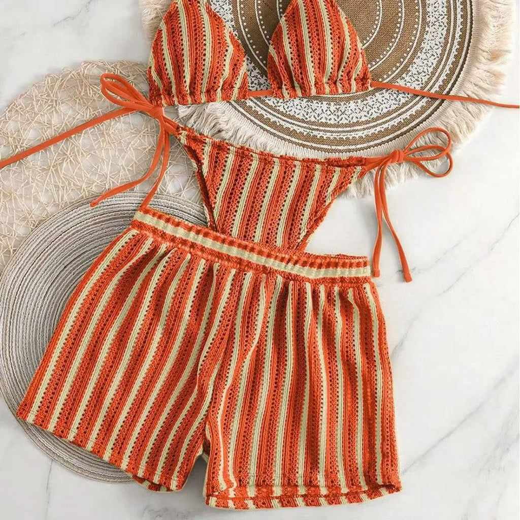 Women's Three-Piece Bikini Set - Lace-Up Mesh Swimwear