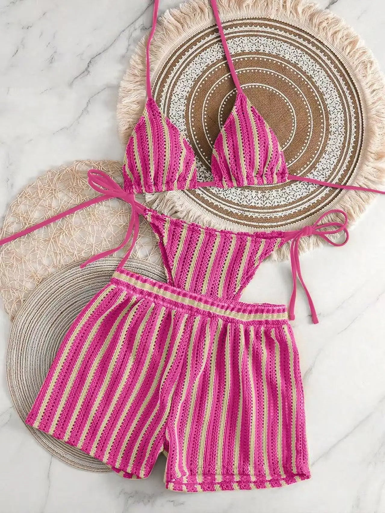Women's Three-Piece Bikini Set - Lace-Up Mesh Swimwear - Rose Red