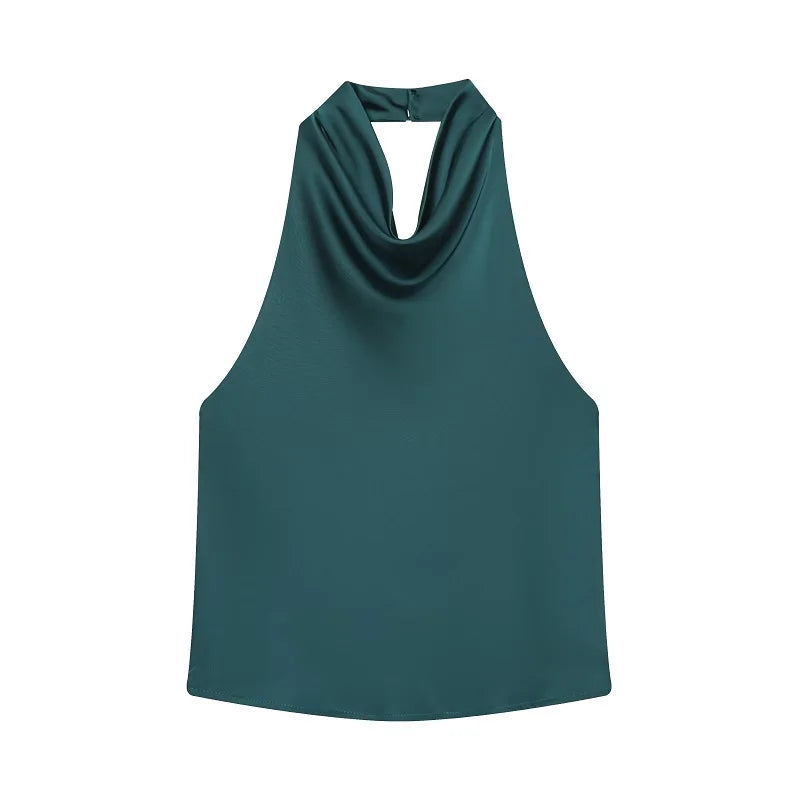 Women's Satin Halter Top - Backless Summer Camisole - Green