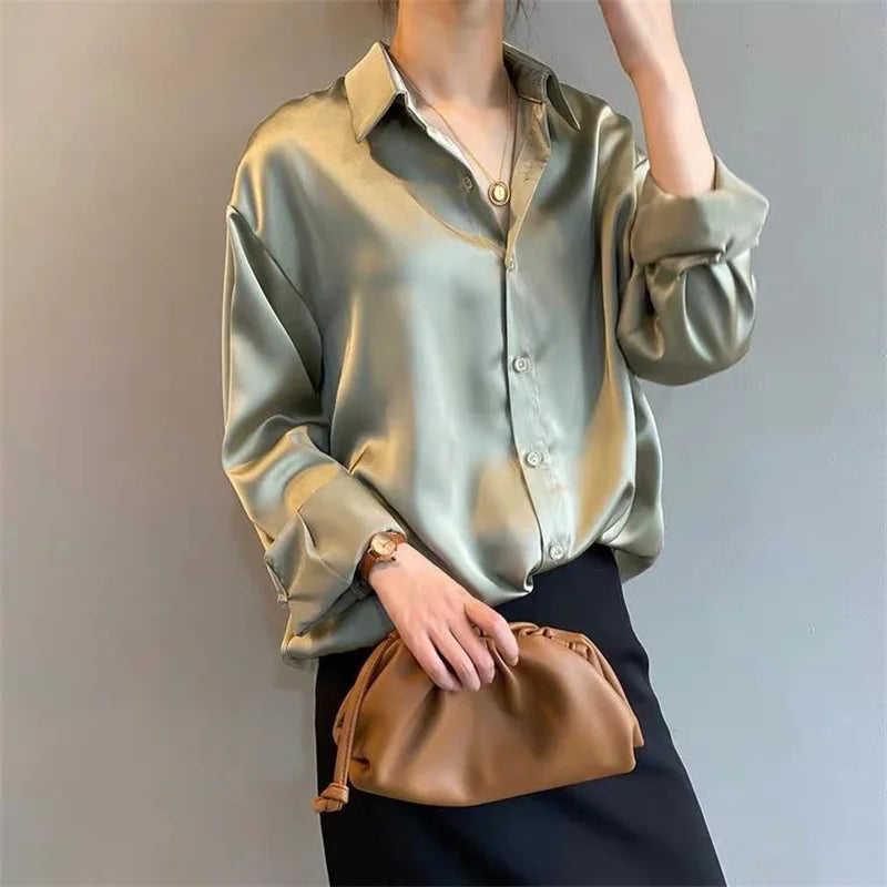 Women's Button Blouse - Long Sleeve Turn-Down Collar Shirt