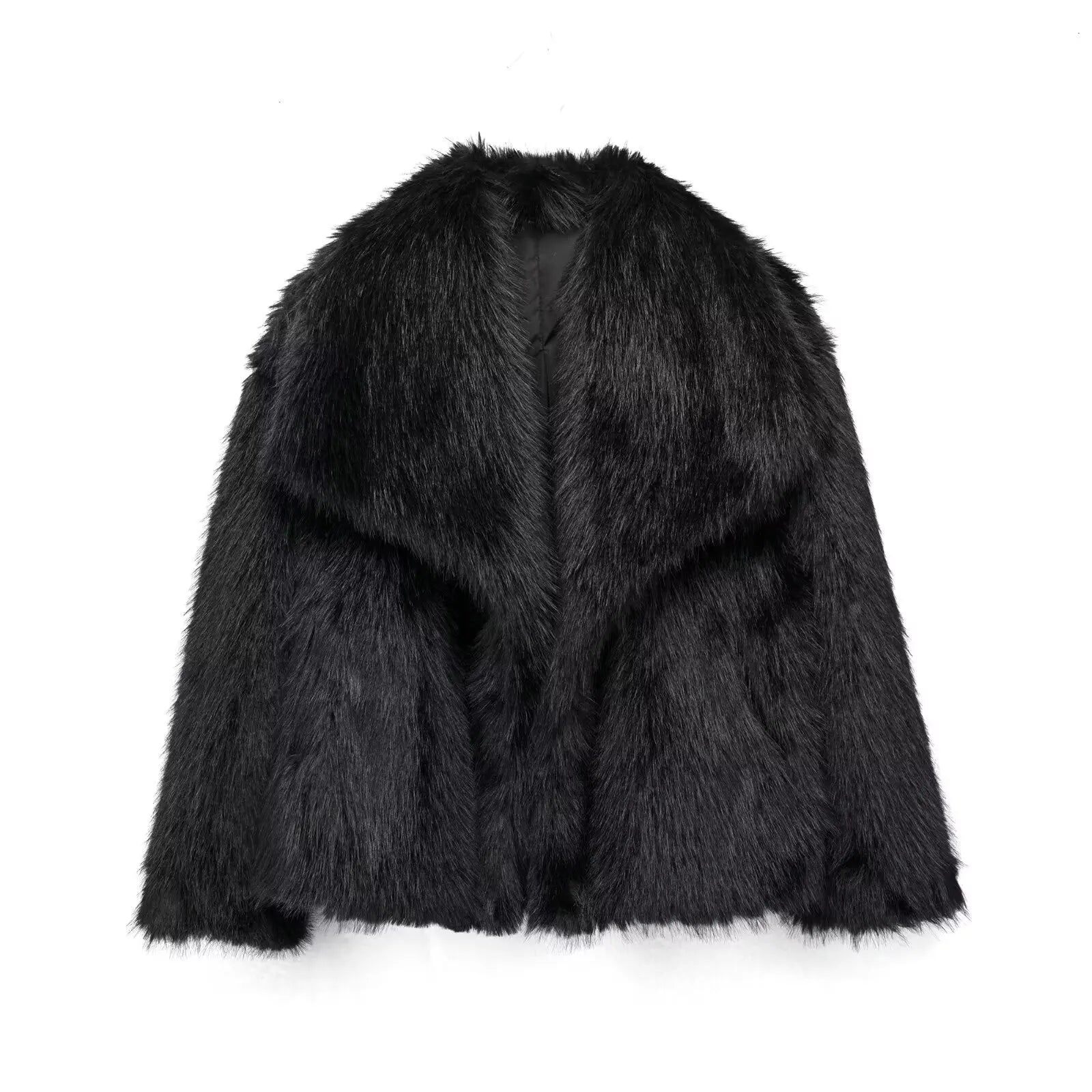 Women's Faux Fur Jacket - Cropped Snap-Front Coat - Black