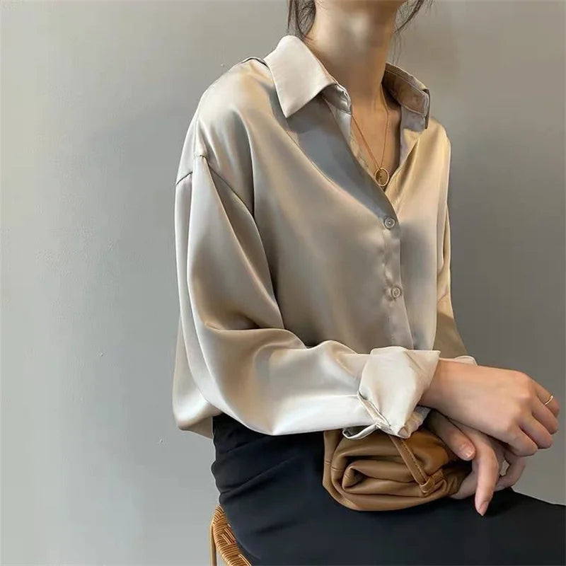 Women's Button Blouse - Long Sleeve Turn-Down Collar Shirt - Beige