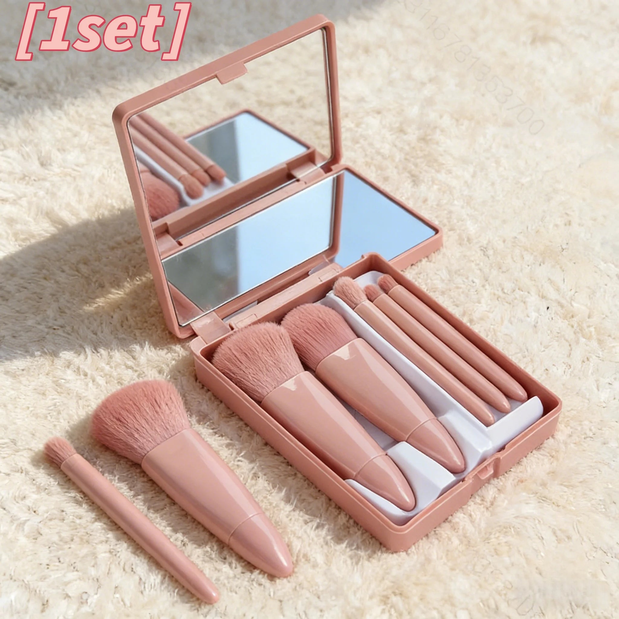 Compact Makeup Brush Kit - 5-Piece Set With Mirror