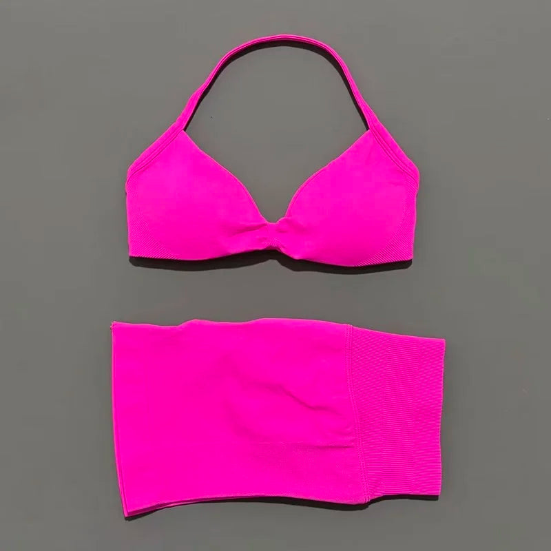 Women's Two-Piece Workout Set - Sports Bra and Shorts - Bright Fuchsia