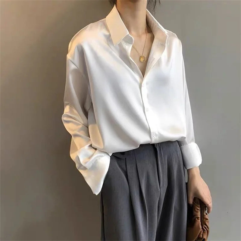 Women's Button Blouse - Long Sleeve Turn-Down Collar Shirt