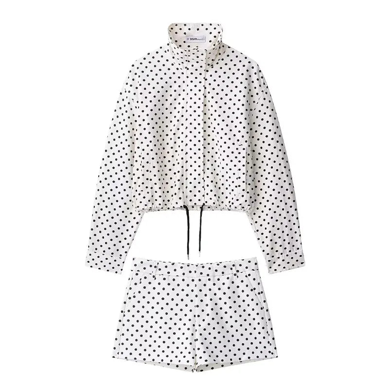 Women's Polka Dot Zip Jacket - Drawstring Casual Outerwear - Suit