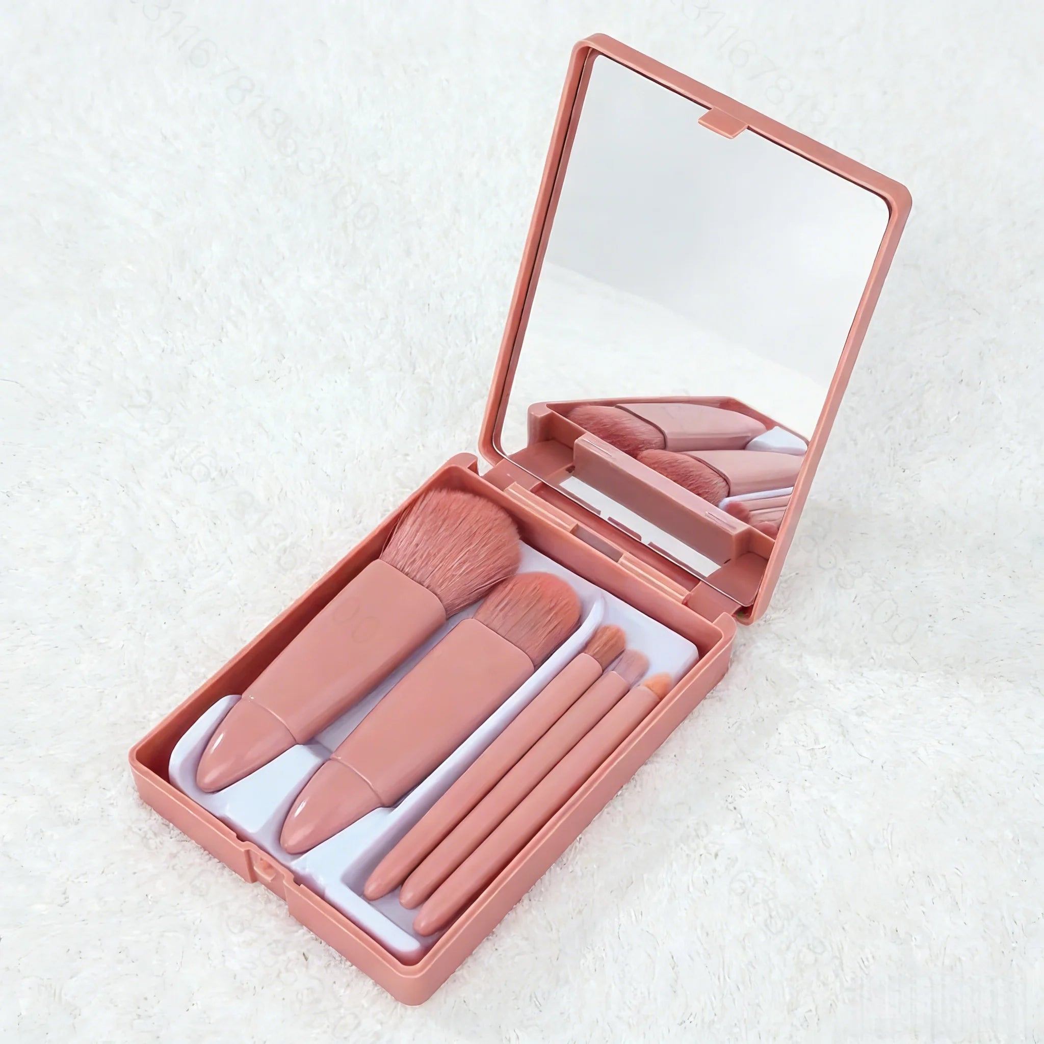 Compact Makeup Brush Kit - 5-Piece Set With Mirror