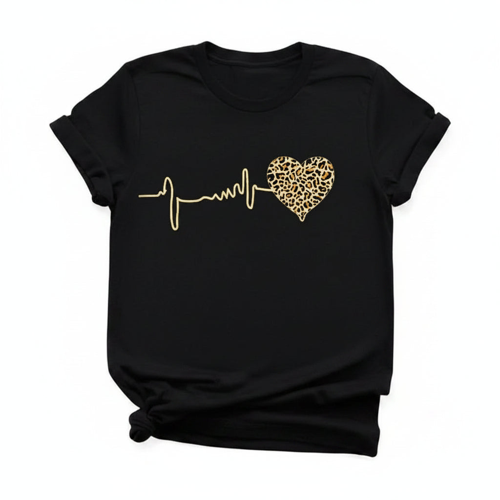 Leopard Graphic T-Shirt - Short Sleeve Casual Top - Black