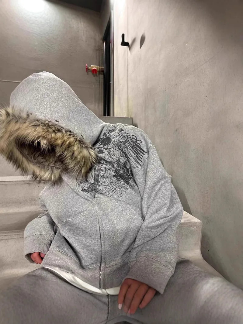 Women's Faux Fur Collar Hoodie - Graphic Zip-Up Jacket