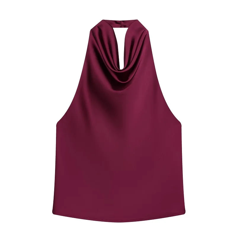 Women's Satin Halter Top - Backless Summer Camisole - Claret