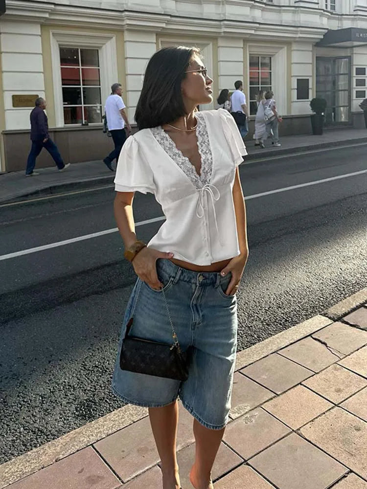 Women's Lace V-Neck Top - Short Sleeve Satin Style Tee - White