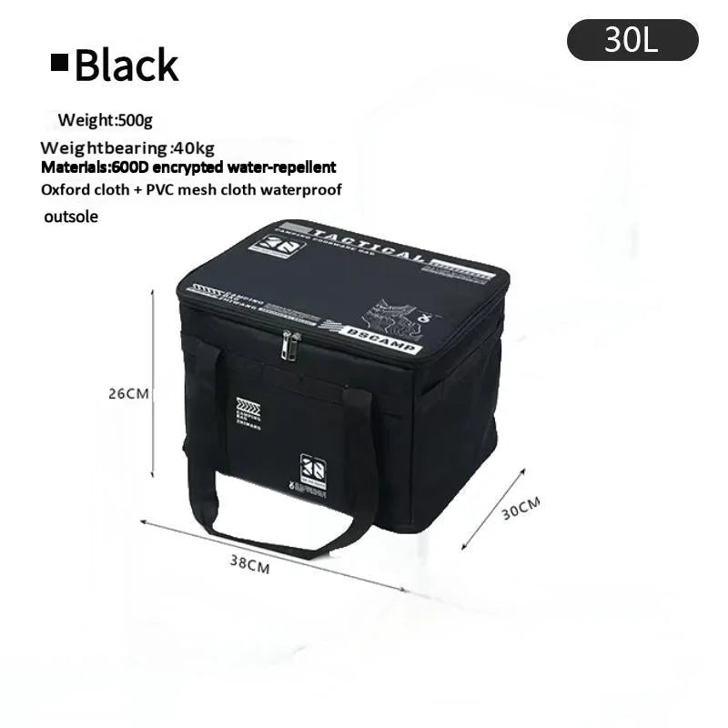 Insulated Camping Storage Bag - 30-42 L Picnic Organizer - Black 30L