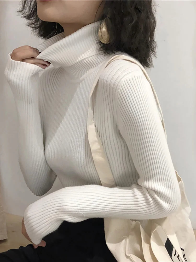 Women's Turtleneck Sweater - Long Sleeve Pullover Knit Top - White