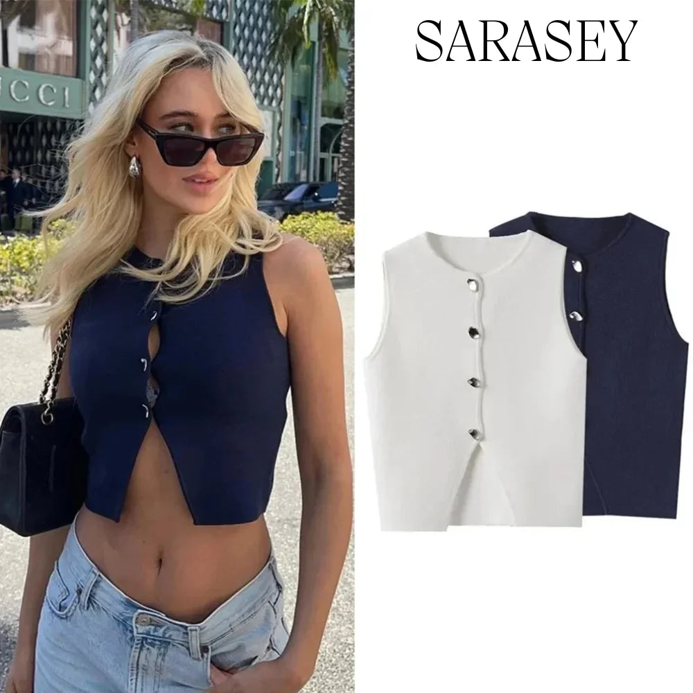 Women's Cropped Knit Vest - Sleeveless Asymmetrical Sweater