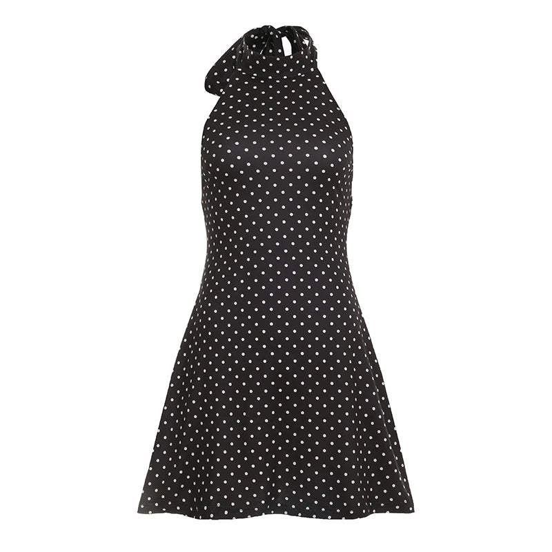 Polka Dot Halter Dress - Sleeveless Mini Party Dress - Black